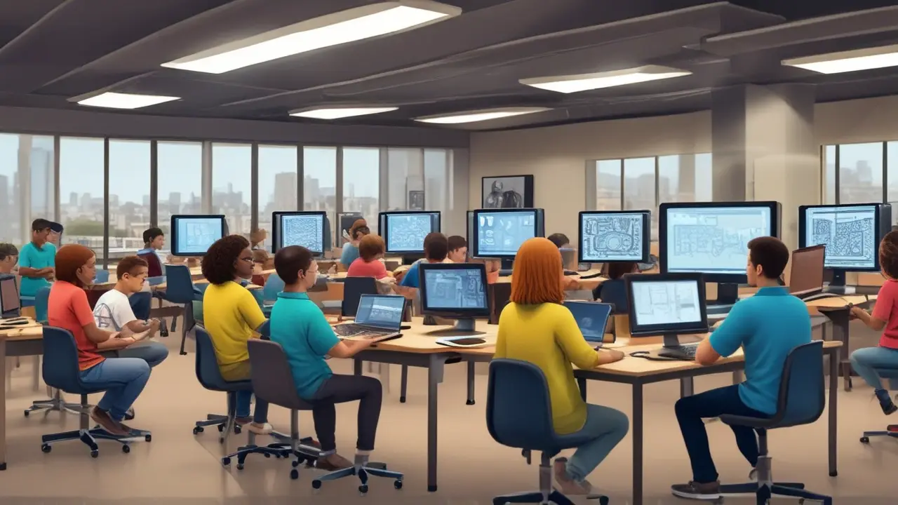 Classroom of students working on telecom data optimization using laptops and multiple screens