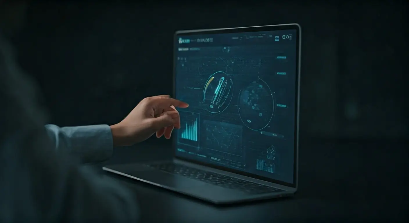 Hand using laptop displaying telecom inventory dashboard