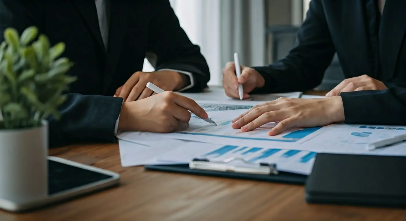 Close-up of professionals collaborating over VoIP consulting services documents